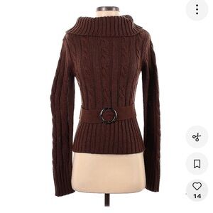 Brown Cable Knit Sweater with Belted Waist